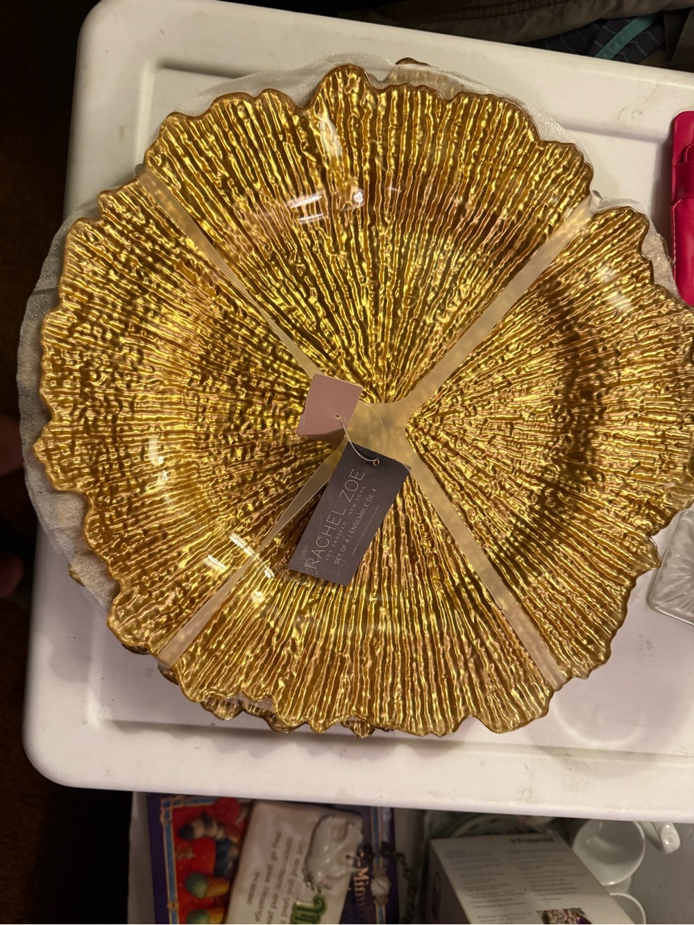 Thanksgiving fall Rachel Zoe acrylic Gold scallop charger plates set of four